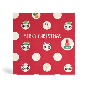 Red Polka Dot 150mm Square Eco-Friendly Christmas greeting card made from bamboo and cotton linter with images of Pandas in Santa hat with different facial expression. Also included are images of Candy cane, presents, Mistletoe and bell. The card says, MERRY CHRISTMAS. 