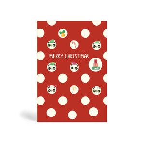 Red Polka Dot A6 Eco-Friendly Christmas greeting card made from bamboo and cotton linter with images of Pandas in Santa hat with different facial expression. Also included are images of Candy cane, presents, Mistletoe and bell. The card says, MERRY CHRISTMAS. 