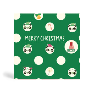 Green Polka Dot 150mm Square Eco-Friendly Christmas greeting card made from bamboo and cotton linter with images of Pandas in Santa hat with different facial expression. Also included are images of Candy cane, presents, Mistletoe and bell. The card says, MERRY CHRISTMAS. 