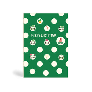 Green Polka Dot A6 Eco-Friendly Christmas greeting card made from bamboo and cotton linter with images of Pandas in Santa hat with different facial expression. Also included are images of Candy cane, presents, Mistletoe and bell. The card says, MERRY CHRISTMAS. 