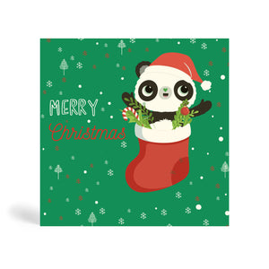 Green 150mm Square Eco-Friendly Christmas greeting card made from bamboo and cotton linter with snowflakes and Christmas tree design background and image of Panda in stocking filled with candy cane, bubbles and mistletoe Santa hat. The card says, MERRY CHRISTMAS.