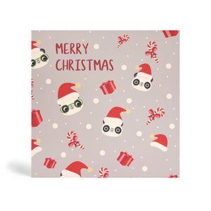 Grey 150mm Square Eco-Friendly Christmas greeting card made from bamboo and cotton linter with images of Pandas in Santa hats with snowflakes, candy cane and presents. The card says, MERRY CHRISTMAS.