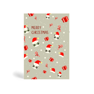 Grey A6  Eco-Friendly Christmas greeting card made from bamboo and cotton linter with images of Pandas in Santa hats with snowflakes, candy cane and presents. The card says, MERRY CHRISTMAS.