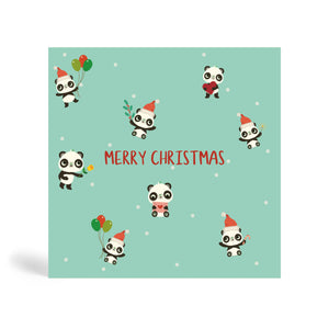 Teal 150mm Square Eco-Friendly Christmas greeting card made from bamboo and cotton linters with round snow in the background and image of seven Pandas in Santa hat holding balloons, envelope, mistletoe, candy cane and a heart shape. The card says MERRY CHRISTMAS.