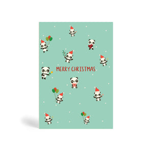 Teal A6 Eco-Friendly Christmas greeting card made from bamboo and cotton linters with round snow in the background and image of seven Pandas in Santa hat holding balloons, envelope, mistletoe, candy cane and a heart shape. The card says MERRY CHRISTMAS.