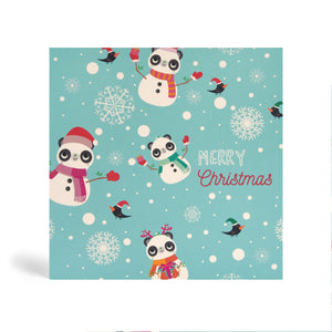 Teal 150mm Square Eco-Friendly Christmas greeting card made from bamboo and cotton linter with snowflakes in the background and image of four Panda snowmen wearing Santa hat and gloves and 4 birds wearing Santa hat. The card says MERRY CHRISTMAS.