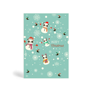 Teal A6 Eco-Friendly Christmas greeting card made from bamboo and cotton linter with snowflakes in the background and image of four Panda snowmen wearing Santa hat and gloves and 4 birds wearing Santa hat. The card says MERRY CHRISTMAS.