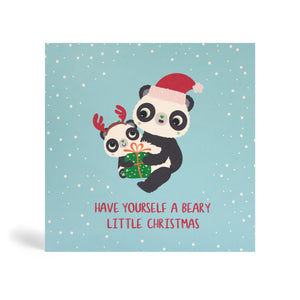 Teal 150mm square Eco-Friendly greeting card made from bamboo and cotton linter with snow in the background and image a Panda mother wearing Santa hat and hugging a baby Panda with antler holding Christmas present. The card says Have Yourself a Beary Little Christmas.