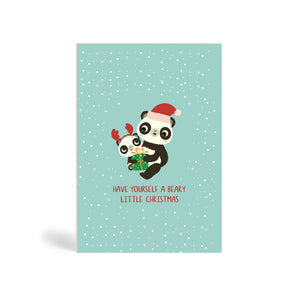 Teal A6 Eco-Friendly greeting card made from bamboo and cotton linter with snow in the background and image a Panda mother wearing Santa hat and hugging a baby Panda with antler holding Christmas present. The card says Have Yourself a Beary Little Christmas.