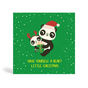 Green 150mm square Eco-Friendly greeting card made from bamboo and cotton linter with snow in the background and image a Panda mother wearing Santa hat and hugging a baby Panda with antler holding Christmas present. The card says Have Yourself a Beary Little Christmas.