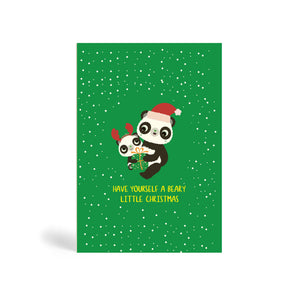 Green A6 Eco-Friendly greeting card made from bamboo and cotton linter with snow in the background and image a Panda mother wearing Santa hat and hugging a baby Panda with antler holding Christmas present. The card says Have Yourself a Beary Little Christmas.