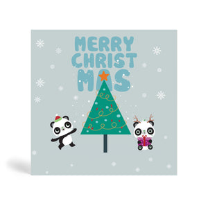 Grey 150mm square Eco-Friendly, recyclable, biodegradable, green, tree-free Christmas greeting card made from bamboo and cotton linter with snow in the background and image of a green Christmas tree with a star on top and two Pandas. One Panda standing wearing Santa hat and pointing at tree and the other one sitting down holding a purple present. The card says, MERRY CHRIST MAS.