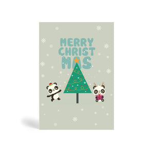 Grey A6 Eco-Friendly, recyclable, biodegradable, green, tree-free Christmas greeting card made from bamboo and cotton linter with snow in the background and image of a green Christmas tree with a star on top and two Pandas. One Panda standing wearing Santa hat and pointing at tree and the other one sitting down holding a purple present. The card says, MERRY CHRIST MAS.