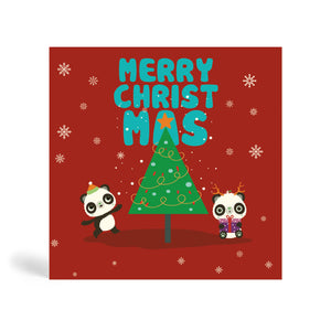 Red 150mm square Eco-Friendly, recyclable, biodegradable, green, tree-free Christmas greeting card made from bamboo and cotton linter with snow in the background and image of a green Christmas tree with a star on top and two Pandas. One Panda standing wearing Santa hat and pointing at tree and the other one sitting down holding a purple present. The card says, MERRY CHRIST MAS.