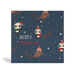 Navy blue 150mm square Eco-Friendly Christmas greeting card, recyclable, biodegradable, green, tree-free made from bamboo and cotton linter with snow in the background and image of three Panda and two Owl wearing Santa hat and sitting on trees. The Pandas are holding a green or red Christmas present. The card says, MERRY CHRISTMAS.