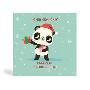 Teal 150mm square Eco-Friendly greeting card made from bamboo and cotton linter with snow in the background and image of Panda wearing a Santa hat and holding two Christmas presents. The card says, Ho Ho Ho Ho Ho, Panda Claus is coming to town.