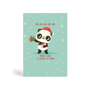 Teal A6 Eco-Friendly greeting card made from bamboo and cotton linter with snow in the background and image of Panda wearing a Santa hat and holding two Christmas presents. The card says, Ho Ho Ho Ho Ho, Panda Claus is coming to town.