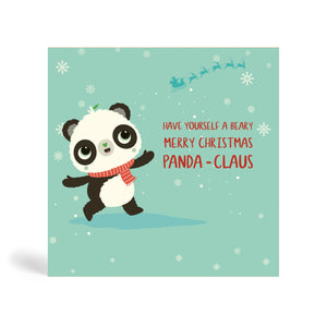 Teal 150mm square Eco-Friendly greeting card made from bamboo and cotton linter with snow in the background and image of Panda wearing a red scarf and looking at Santa flying away in the distance on its Sledge pulled by Reindeers. The card says, have yourself a Beary Merry Christmas, Panda-Claus.