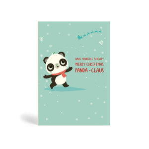 Teal A6 Eco-Friendly greeting card made from bamboo and cotton linter with snow in the background and image of Panda wearing a red scarf and looking at Santa flying away in the distance on its Sledge pulled by Reindeers. The card says, have yourself a Beary Merry Christmas, Panda-Claus.