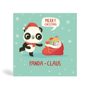 Teal 150mm square, recyclable, biodegradable, green, tree-free, Eco-Friendly Christmas greeting card made from bamboo and cotton linter with snow in the background and image of Panda wearing Santa hat and a red scarf pulling open Santa’s sack full of Christmas presents. The card says, Merry Christmas, Panda-Claus with the Merry Christmas in a speech bubble.