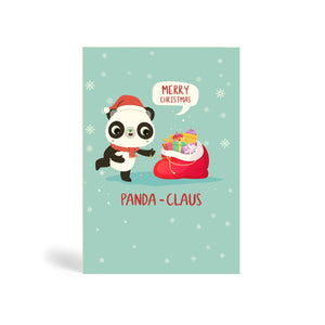 Teal A6, recyclable, biodegradable, green, tree-free, Eco-Friendly Christmas greeting card made from bamboo and cotton linter with snow in the background and image of Panda wearing Santa hat and a red scarf pulling open Santa’s sack full of Christmas presents. The card says, Merry Christmas, Panda-Claus with the Merry Christmas in a speech bubble.