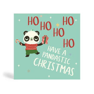 Teal 150mm square Eco-Friendly greeting card made from bamboo and cotton linter with snow in the background and image of Panda wearing a red Christmas sweater and green trouser holding a present in one hand and a candy cane in the other. The card says, Ho Ho Ho Ho Ho, Have a Pandastic Christmas.