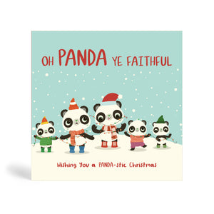 Teal 150mm square Eco-Friendly greeting card made from bamboo and cotton linter with snow in the background and image of five Pandas wearing winter hats and scarfs and singing Christmas carol. The card says, Oh Panda Ye Faithful, Wishing you a Panda-stic Christmas.