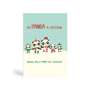 Teal A6 Eco-Friendly greeting card made from bamboo and cotton linter with snow in the background and image of five Pandas wearing winter hats and scarfs and singing Christmas carol. The card says, Oh Panda Ye Faithful, Wishing you a Panda-stic Christmas.