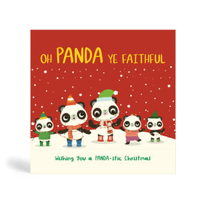 Red 150mm square Eco-Friendly greeting card made from bamboo and cotton linter with snow in the background and image of five Pandas wearing winter hats and scarfs and singing Christmas carol. The card says, Oh Panda Ye Faithful, Wishing you a Panda-stic Christmas.