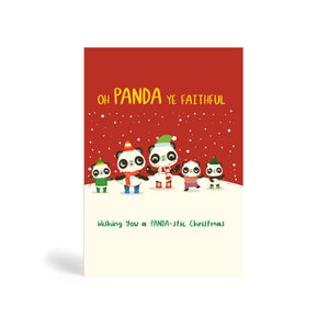 Red A6 Eco-Friendly greeting card made from bamboo and cotton linter with snow in the background and image of five Pandas wearing winter hats and scarfs and singing Christmas carol. The card says, Oh Panda Ye Faithful, Wishing you a Panda-stic Christmas.