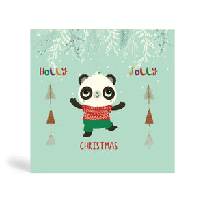 Teal 150mm square Eco-Friendly greeting card made from bamboo and cotton linter with an image of Panda wearing a red Christmas sweater and green trouser excited about Christmas with branches covered in snow above him and stylised Christmas trees to his right and left. The card says, Holly Jolly, Christmas.