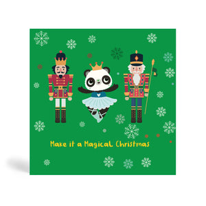 Green 150mm square Eco-Friendly greeting card made from bamboo and cotton linter with snow in the background and image of Panda wearing a ballet costume and dancing, with two Nutcracker characters on her left and right. The card says, Make it a magical Christmas.