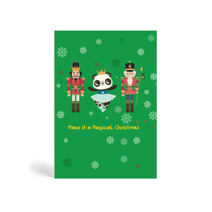 Green A6 Eco-Friendly greeting card made from bamboo and cotton linter with snow in the background and image of Panda wearing a ballet costume and dancing, with two Nutcracker characters on her left and right. The card says, Make it a magical Christmas.