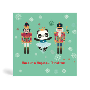 Teal 150mm square Eco-Friendly greeting card made from bamboo and cotton linter with snow in the background and image of Panda wearing a ballet costume and dancing, with two Nutcracker characters on her left and right. The card says, Make it a magical Christmas.