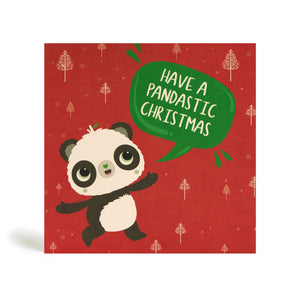 Red 150mm square Eco-Friendly , recyclable, biodegradable, green, tree-free, Christmas greeting card made from bamboo and cotton linter with stylised snow and Christmas tree in the background and image of Panda pointing finger and saying Have a Pandastic Christmas.