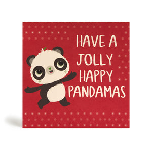 Red 150mm square Eco-Friendly greeting card made from bamboo and cotton linter with stylised snowflakes in the background and image of Panda pointing finger and saying Have a Jolly Happy Pandamas.