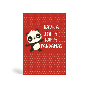 Red A6 Eco-Friendly greeting card made from bamboo and cotton linter with stylised snowflakes in the background and image of Panda pointing finger and saying Have a Jolly Happy Pandamas.