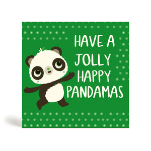 Green 150mm square Eco-Friendly greeting card made from bamboo and cotton linter with stylised snowflakes in the background and image of Panda pointing finger and saying Have a Jolly Happy Pandamas.