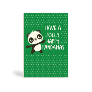 Green A6 Eco-Friendly greeting card made from bamboo and cotton linter with stylised snowflakes in the background and image of Panda pointing finger and saying Have a Jolly Happy Pandamas.