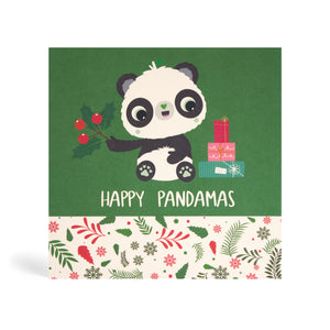 Green 150mm square Eco-Friendly Christmas greeting card made from bamboo and cotton linter in green colour at the top and Winter leaf design at the bottom. The card contains an image of Panda sitting beside a stack of Christmas presents and holding a mistletoe with berries. The card says, Happy Pandamas.