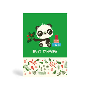 Green A6 Eco-Friendly Christmas greeting card made from bamboo and cotton linter in green colour at the top and Winter leaf design at the bottom. The card contains an image of Panda sitting beside a stack of Christmas presents and holding a mistletoe with berries. The card says, Happy Pandamas.