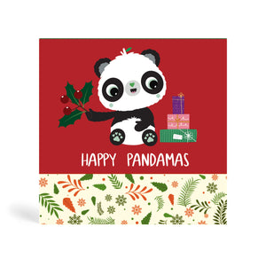 Red 150mm square Eco-Friendly Christmas greeting card made from bamboo and cotton linter in green colour at the top and Winter leaf design at the bottom. The card contains an image of Panda sitting beside a stack of Christmas presents and holding a mistletoe with berries. The card says, Happy Pandamas.