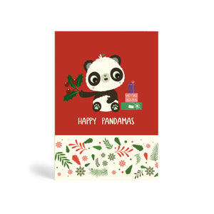 Red A6 Eco-Friendly Christmas greeting card made from bamboo and cotton linter in green colour at the top and Winter leaf design at the bottom. The card contains an image of Panda sitting beside a stack of Christmas presents and holding a mistletoe with berries. The card says, Happy Pandamas.