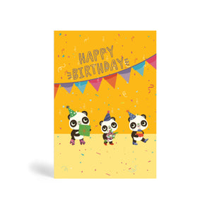 Yellow A6 eco-friendly, tree free, birthday greeting card with three adorable Pandas bearing gifts and wearing party hats. The card says Happy Birthday with confetti and party banner in the background. One panda is wearing roller skates and the other two Pandas wearing party shoes.