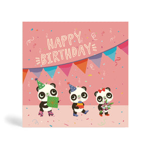 Pink 150mm square eco-friendly, tree free, birthday greeting card with three adorable Pandas bearing gifts and wearing party hats. The card says Happy Birthday with confetti and party banner in the background. One panda is wearing roller skates and the other two Pandas wearing party shoes.