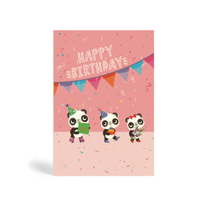 Pink A6 eco-friendly, tree free, birthday greeting card with three adorable Pandas bearing gifts and wearing party hats. The card says Happy Birthday with confetti and party banner in the background. One panda is wearing roller skates and the other two Pandas wearing party shoes.