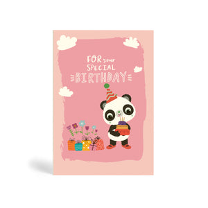 Pink A6 eco-friendly, tree free, Birthday Cake for Sharing greeting card with Panda wearing a party hat and red shoes. Panda is also holding a birthday cake with candles standing beside presents and some flowers. The card says, For your special Birthday.