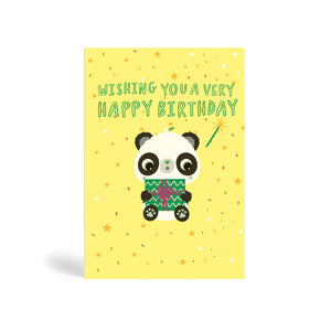 A6 eco-friendly, tree free, yellow wishing you a very happy birthday greeting with Panda holding a present and excited about making a wish with confetti, stars and magic wand in the background.