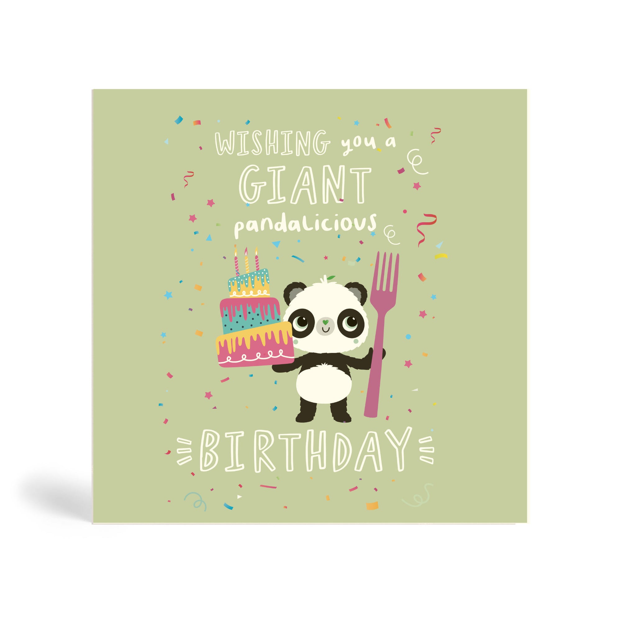 150mm square eco-friendly, tree free, green background wishing you a Giant Pandalicious Birthday greeting with Panda holding a giant birthday cake and a giant fork with confetti falling down.