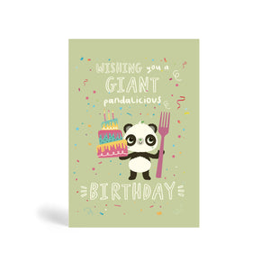 A6 eco-friendly, tree free, green background wishing you a Giant Pandalicious Birthday greeting with Panda holding a giant birthday cake and a giant fork with confetti falling down.